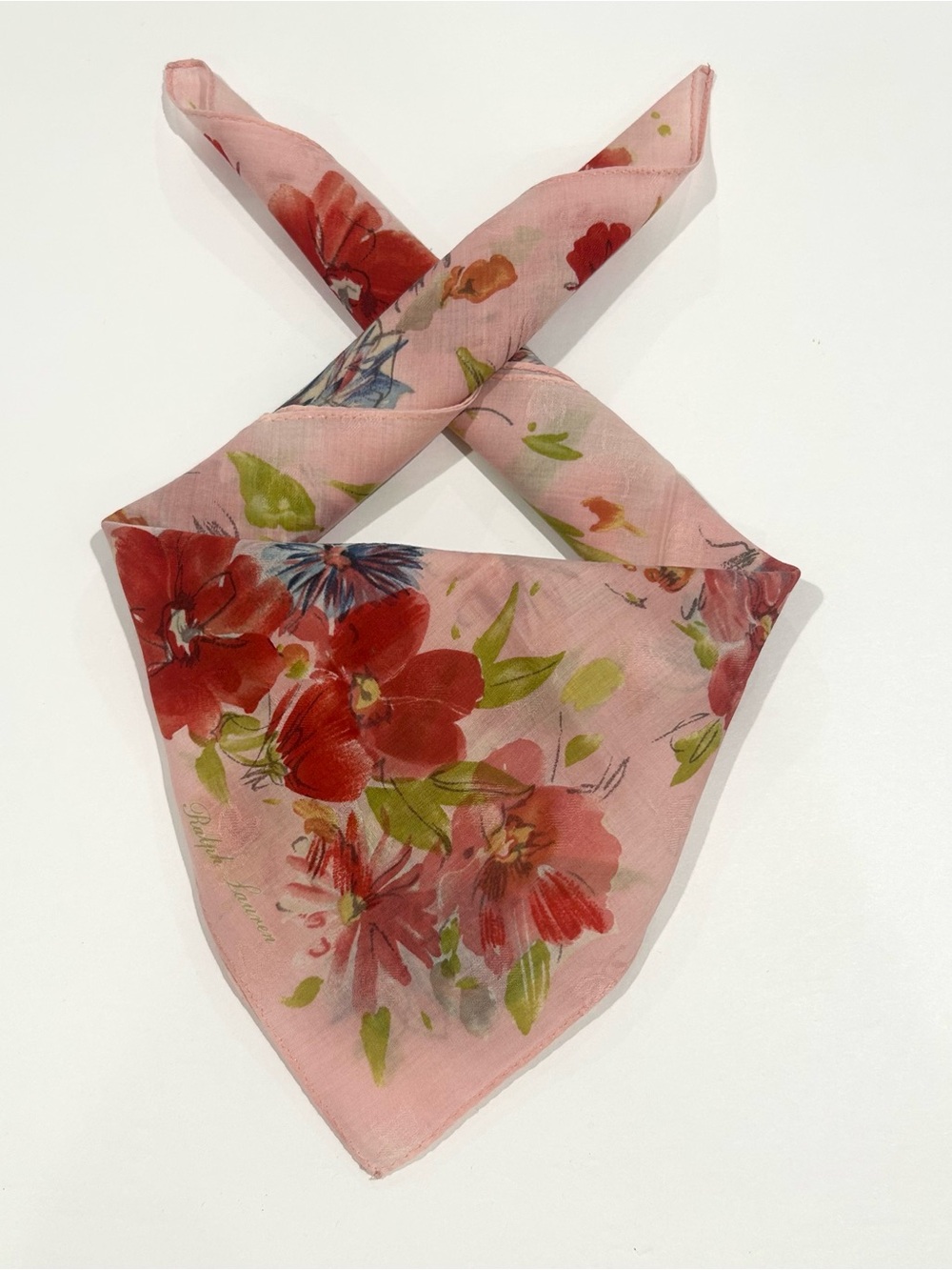 WOMEN HANDKERCHIEF RALPH LAUREN FLORAL Pink Red Art COTTON POCKET SQUARE  19”